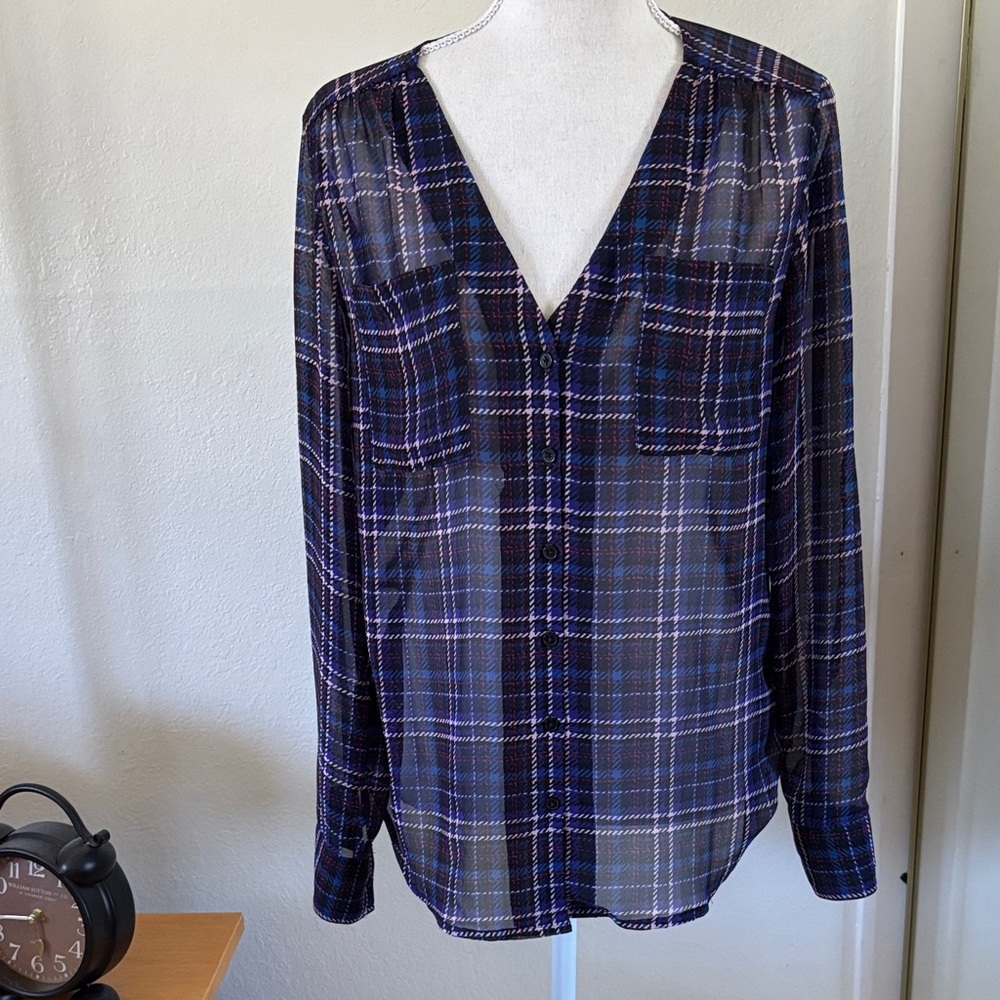 Express Navy and Purple Plaid Sheer Blouse
